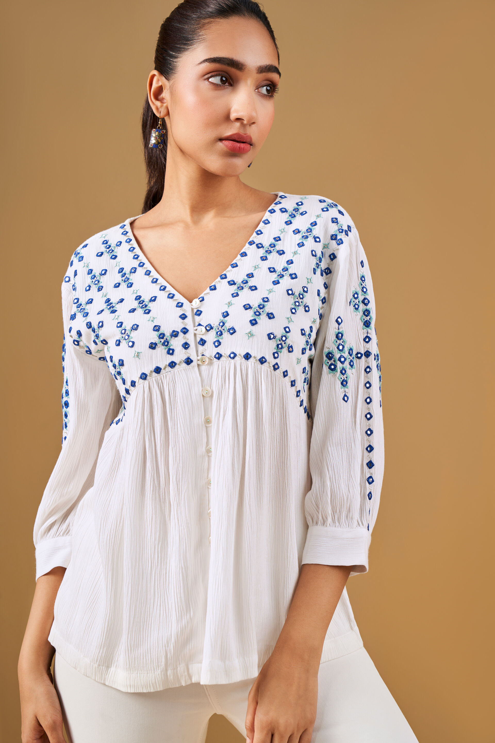 White Mirror Embroidery Viscose Top, Off White, image 2